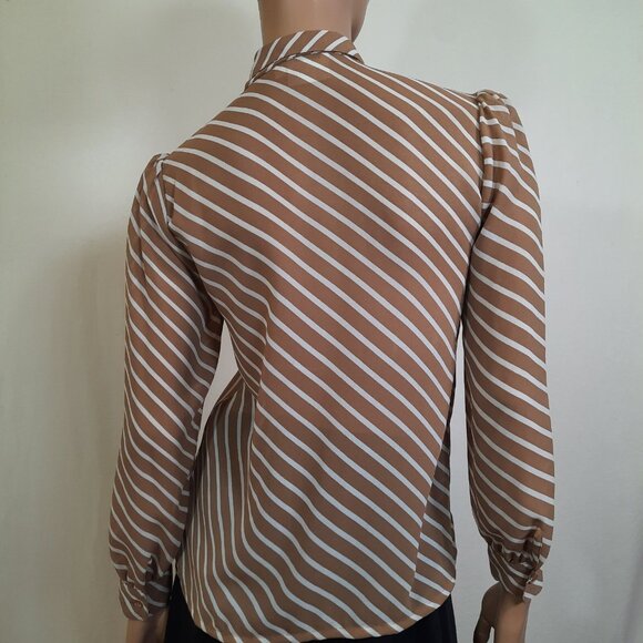Vintage 80s Bow Tie Blouse Secretary Sheer Button Up Beige White Striped S - Picture 9 of 10